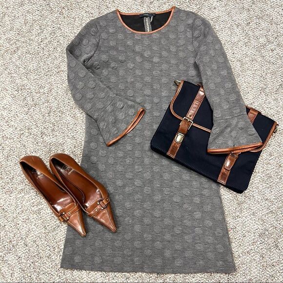👠THML Polk grey dot dress with faux leather trim. Size Sm - Picture 1 of 10
